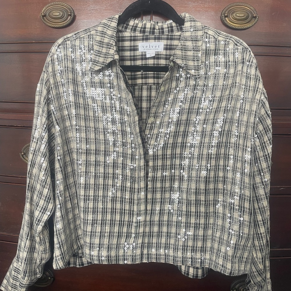 Women's Plaid Sequin Button Down - Black and White